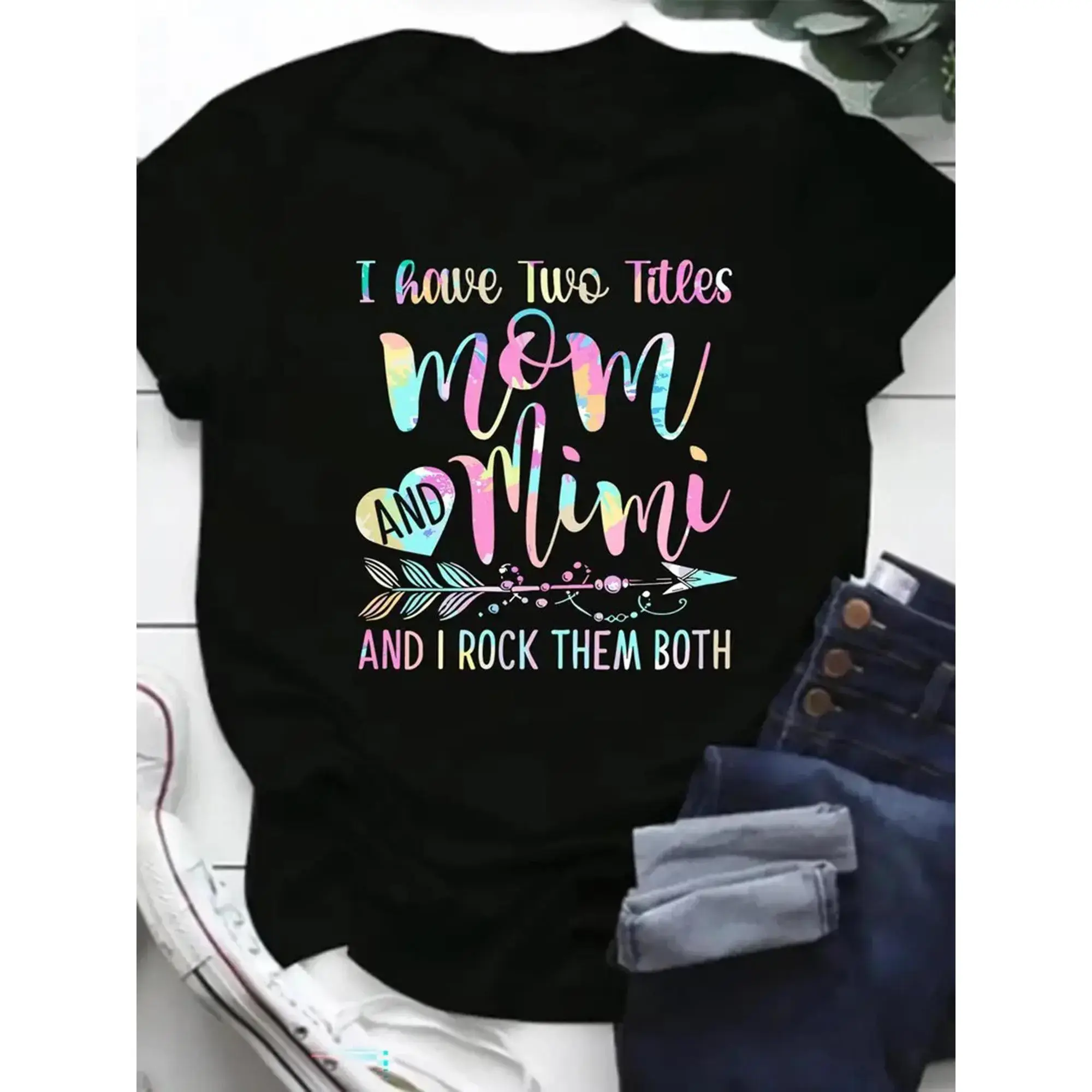 [100% Cotton] Women'S 100% Mimi Graphic T-Shirt - I Have Two Titles Mom And Mimi Fun Printed Design, Short Sleeve Round Neck Casual Tee For Casual Attire T-Shirt For Men And Women