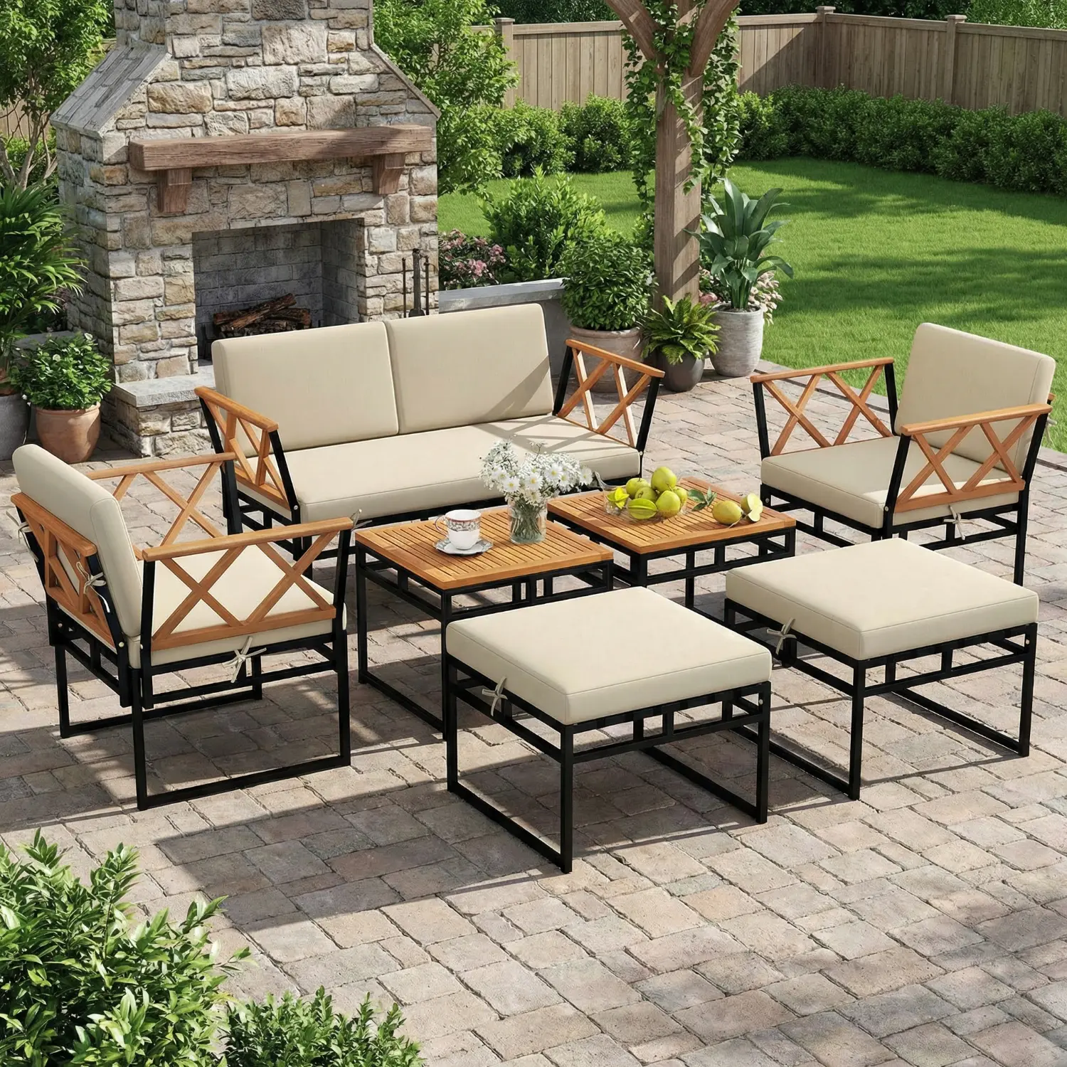 Spaco 7-Piece Sturdy Modern Outdoor Furniture Set - Beige Cushioned Sofa & Bungee Rope Seat Chairs for Poolside/Balcony, Patio Furniture Set (Assembly Required), Outdoorfurnitureset, Patio Furniture Sets