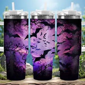 1pc 40oz Mystical Bats and Cherry Blossoms Tumbler with Lid, Insulated Travel Mug, Gift for Women Men, Ideal for Halloween, Independence Day, Memorial Birthday Gift, Coffee Cup, weird stuff
