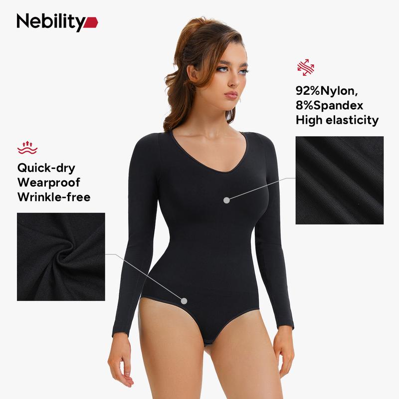 Nebility Women's Seamless Bodycon Dress with Tummy Control Butt Lifting V-Neck Long Sleeve Jumpsuit for Women Shapewear One Piece Basic Black+Black Compression Womenswear