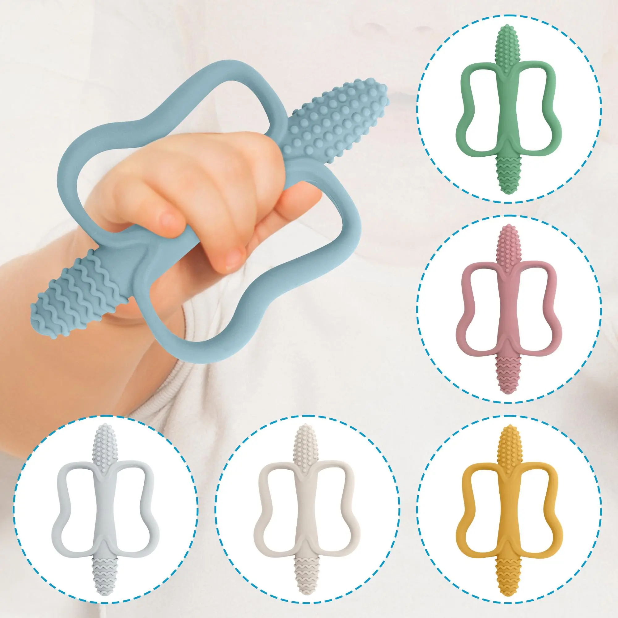 One-piece silicone teething stick with handle, baby toy teether, 6 colors, easy to grip, corn-shaped teether, BPA-free.