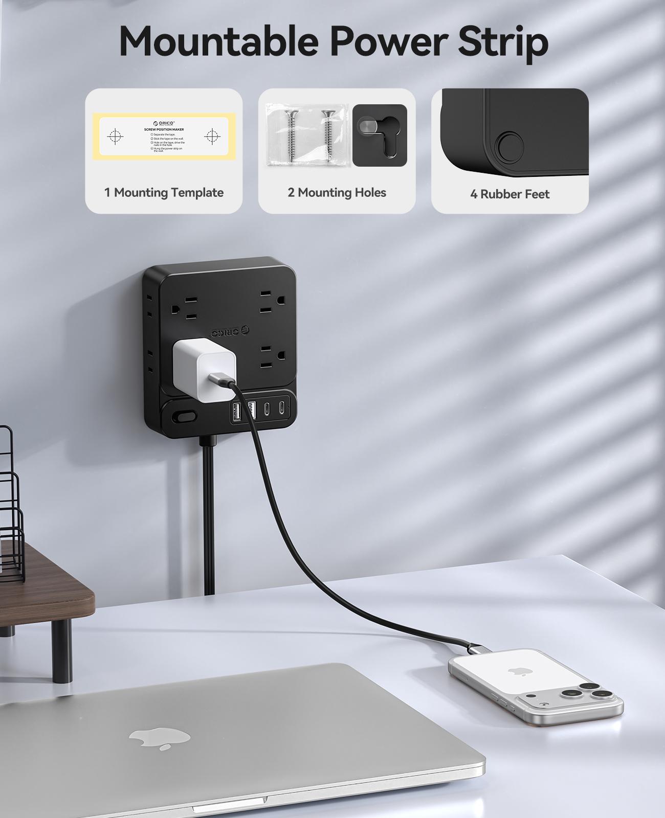 Surge Protector Power Strip, Outlet Extender with 8 Outlets 4 USB Ports (2 USB C), Overload Protection, Long Extension Cord with Multiple Outlets for Indoor, Home, Office-SP1