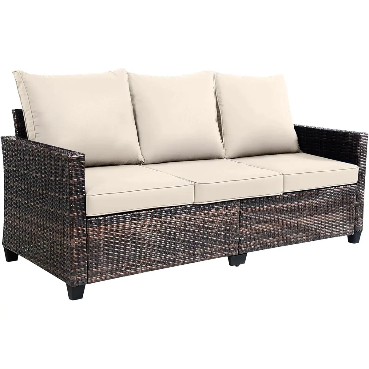 3-Seater Outdoor Sectional Sofa - High Back Patio Couch with 250g Water-Resistant Cushions, 4" Deep Seat Hug, All-Weather PE Rattan, Modern Lines Blend with Teak Decor, Built for Years of Outdoor Hosting (Beige)