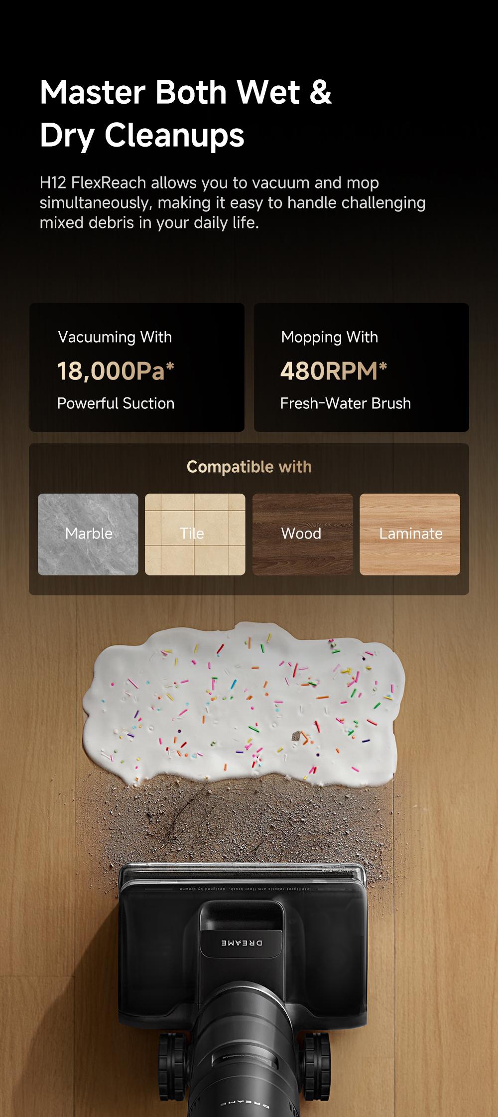 DREAME H12 PRO Series I Wet Dry Vacuum Cleaner, Smart Floor Cleaner Cordless Vacuum and Mop for Hard Floors, One-Step Edge to Edge Cleaning with Hot Air Drying Black