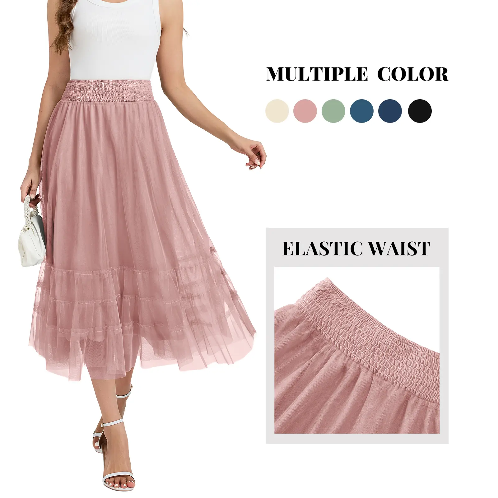 Women's Dressy Tulle Midi Skirt - Flowy Tiered High Waist, Lightweight Breathable Chiffon for Summer Beach Parties, Bottom, Drape, Basic, Soft, Fitted, High Waisted, Elastic, Elegant, Lady, Piece, Style, Basics, A-Line, Beach‑Ready Tiers sohochic