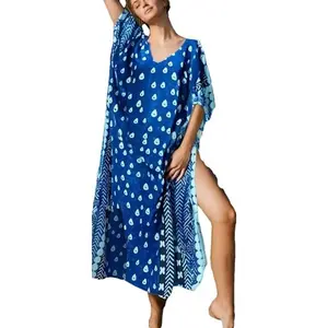 Blue V-Neck Momo Dresses Beach Cover Ups Water Drop Kaftan Dresses for Women Plus Size Kaftans Baati Dresses Swimsuit Cover Ups Bohemian Beach Dress