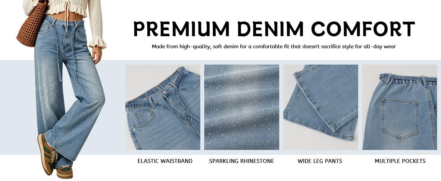 Design details of Women's Relaxed Rhinestone Denim Wide-Leg Jeans