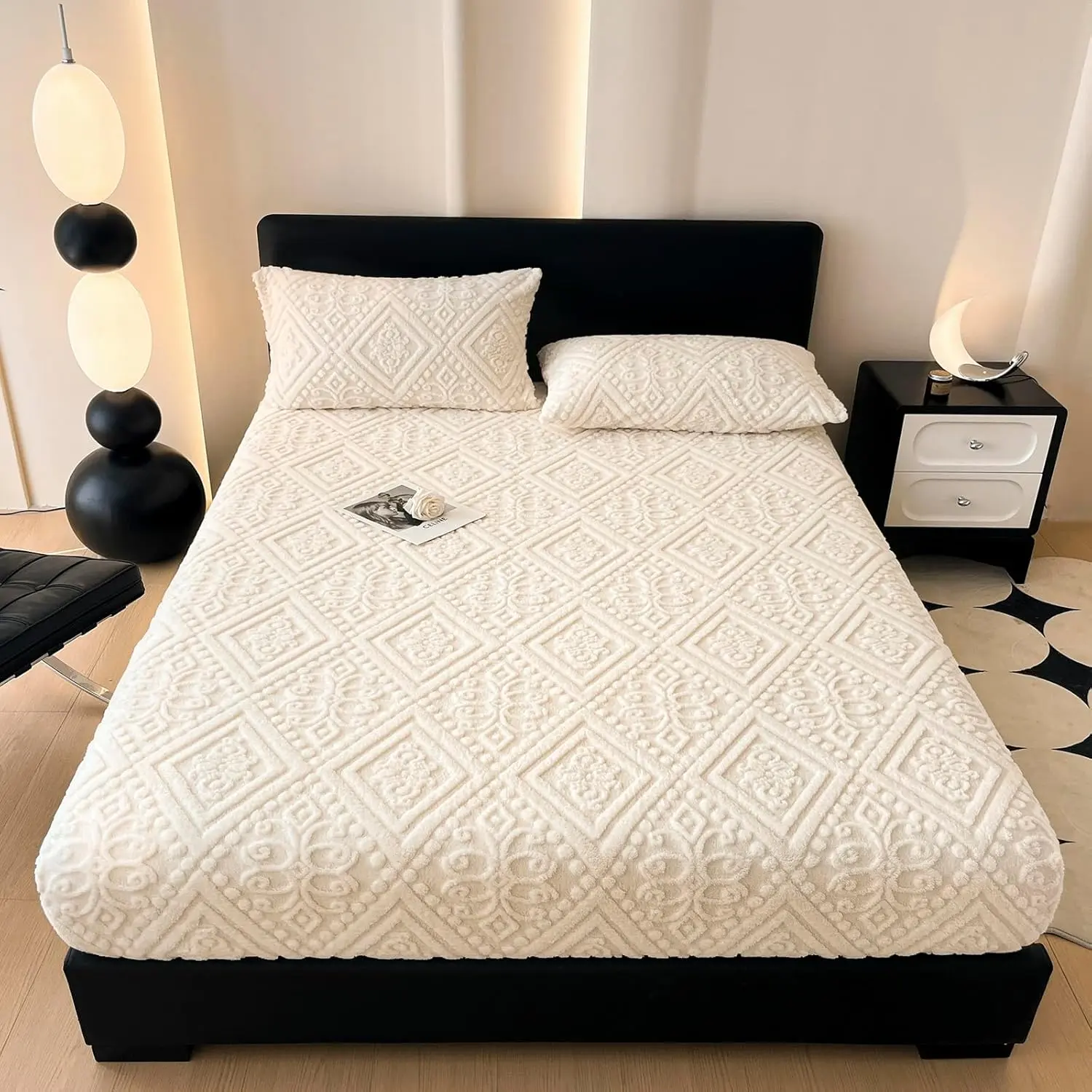 Torax Taffeta Velvet Jacquard Fitted Sheet - Luxury Bedding - Ultra-Soft, Quick-Heat, Anti-Static, 360° Mattress Protector, White, No Pillowcases