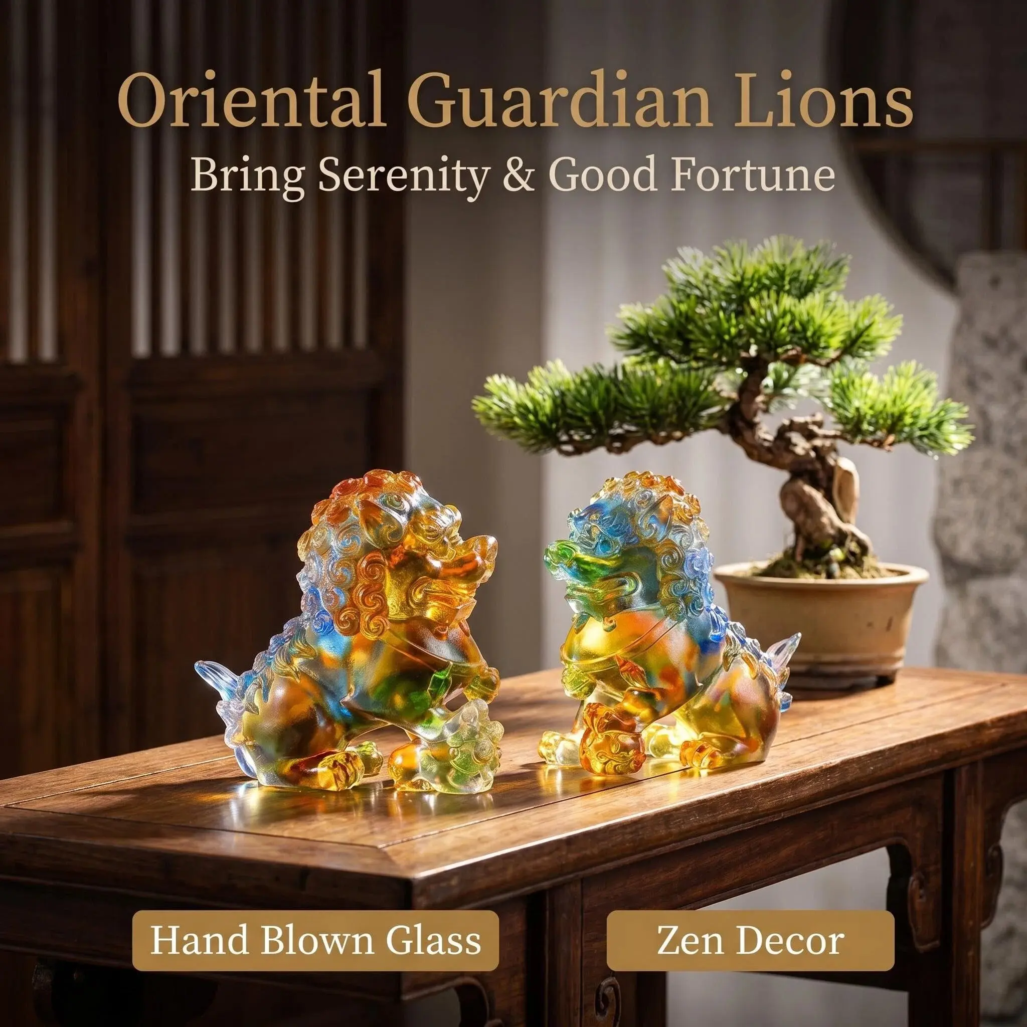 Traditional Chinese Guardian Fu Lion Statue Set - Hand Blown Glass Liuli, Colorful Gradient Non-Natural Crystal Art, Feng Shui Home Ornament, Invite Prosperity Decoration Items, Oriental Gift Ornament