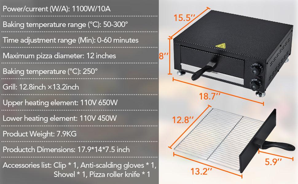 【GARVEE】Electric Pizza Oven, Countertop 12 Inch Pizza Maker with Timer and Adjustable Temperature, Stainless Steel Indoor Pizza Oven with Upper and Lower Uniform Heating Tubes