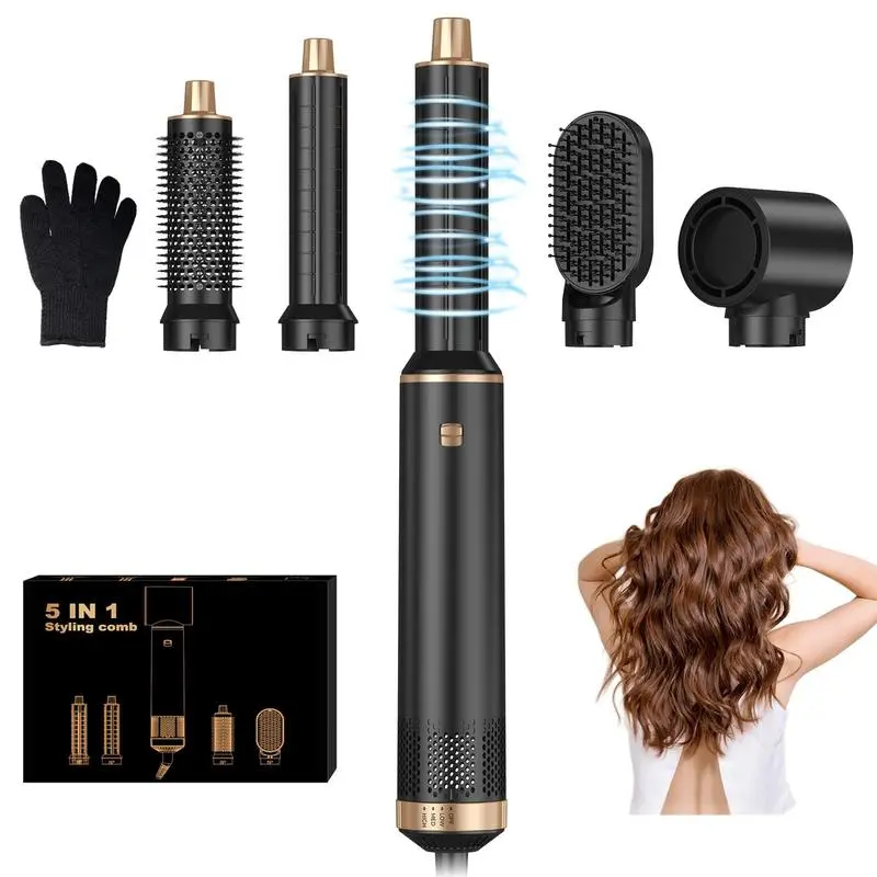 5in1 Multi-Function Styling Hair Dryer with Detachable Hot Air Curling Brush Automatic Curling Iron Air Curling Styler Volumizer & Straightener Quick-Drying for All Hair Types Black Edition Straightening Iron