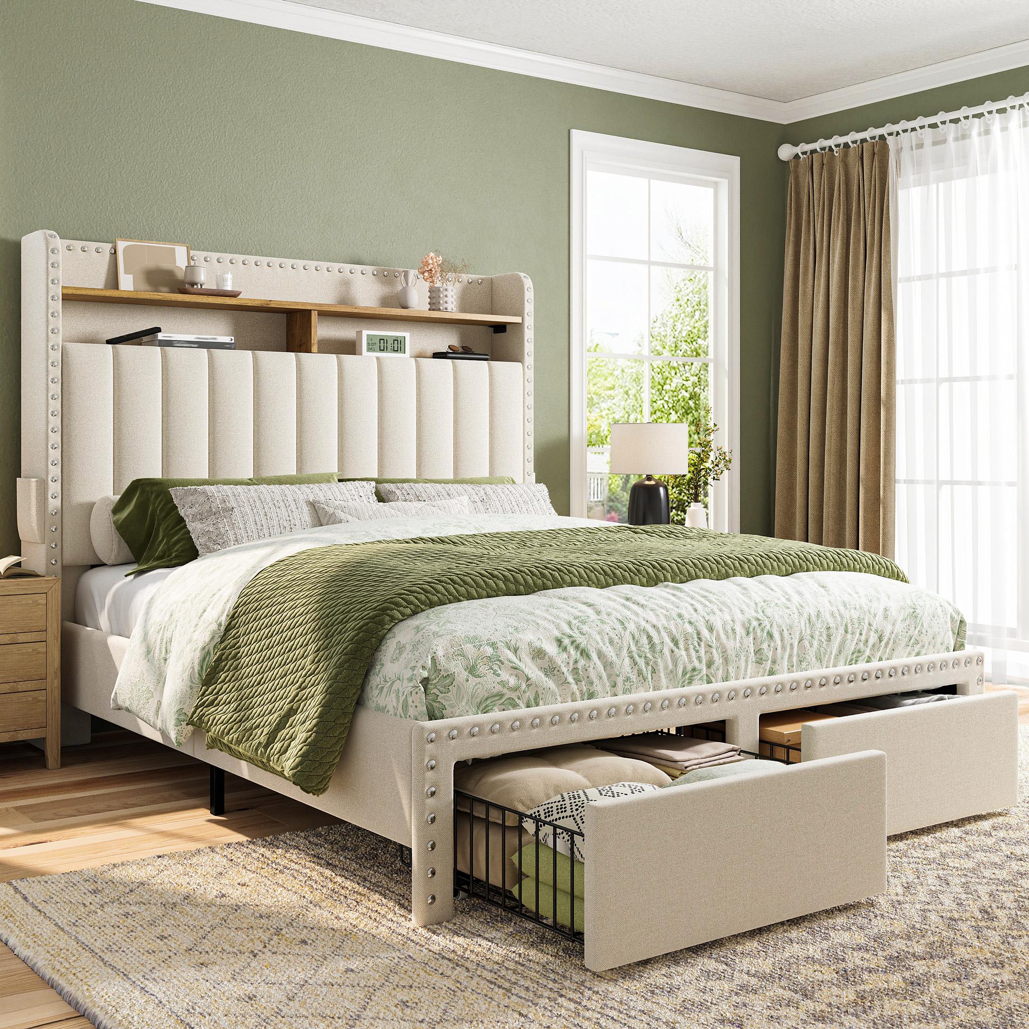 Bed Frame with Headboard and Storage, MATTRESS NOT INCLUDED OR OFFERED, Upholstered  Bed Frame with Storage, 2 Drawers,, NO Noise, No Box Spring Needed