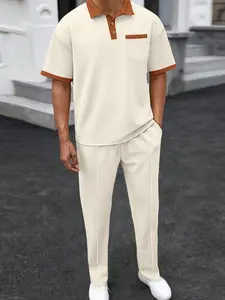 Men's Full Size Waffle-Knit Contrast Polo Pants Set Plus Size