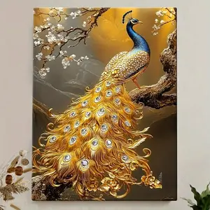 2D Flat, Golden Peacock Canvas Wall Art with Shimmering Feathers & Cherry Blossoms - Modern Art Deco Framed Poster, Waterproof Wooden Frame, Easy to Hang for Living Room, Bedroom, Home Office Decor - Unique Gift Idea, Bedroom Enhancement, 2D Flat	