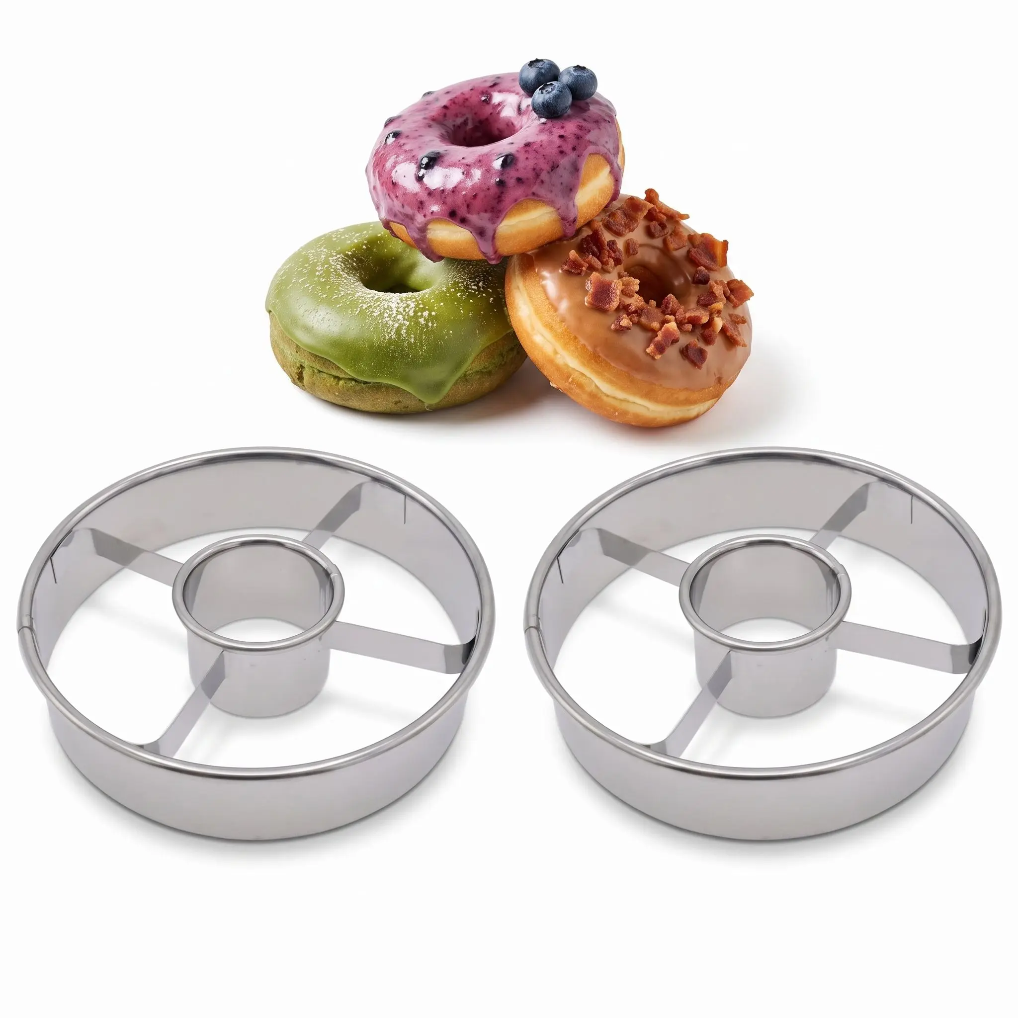 2 Pack Stainless Steel Donut Cutter, 3.86 Inch Doughnut Shaped Cutters Mold, Professional Baking Sturdy Tool for Making Perfect Donuts, Bagels, Cookies, Kitchen Bakeware