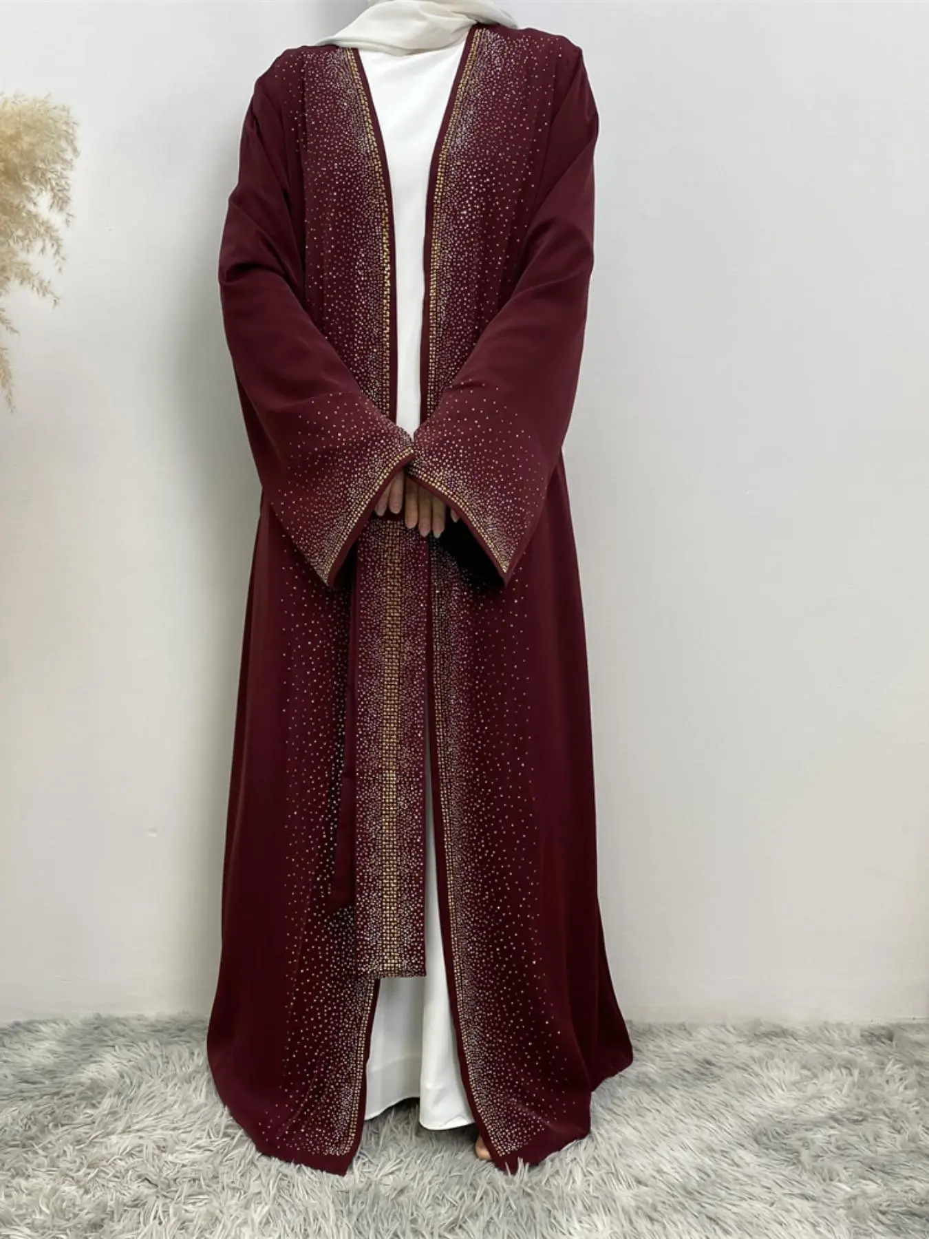 Women's Rhinestone Decor Belted Loose Fit Abaya, Modest Long Sleeve Open Front Abaya for Daily Wear, Women's Islamic Clothing for Spring & Fall, Abayas For Eid, Modesty Abaya, Islamic Modesty Clothes