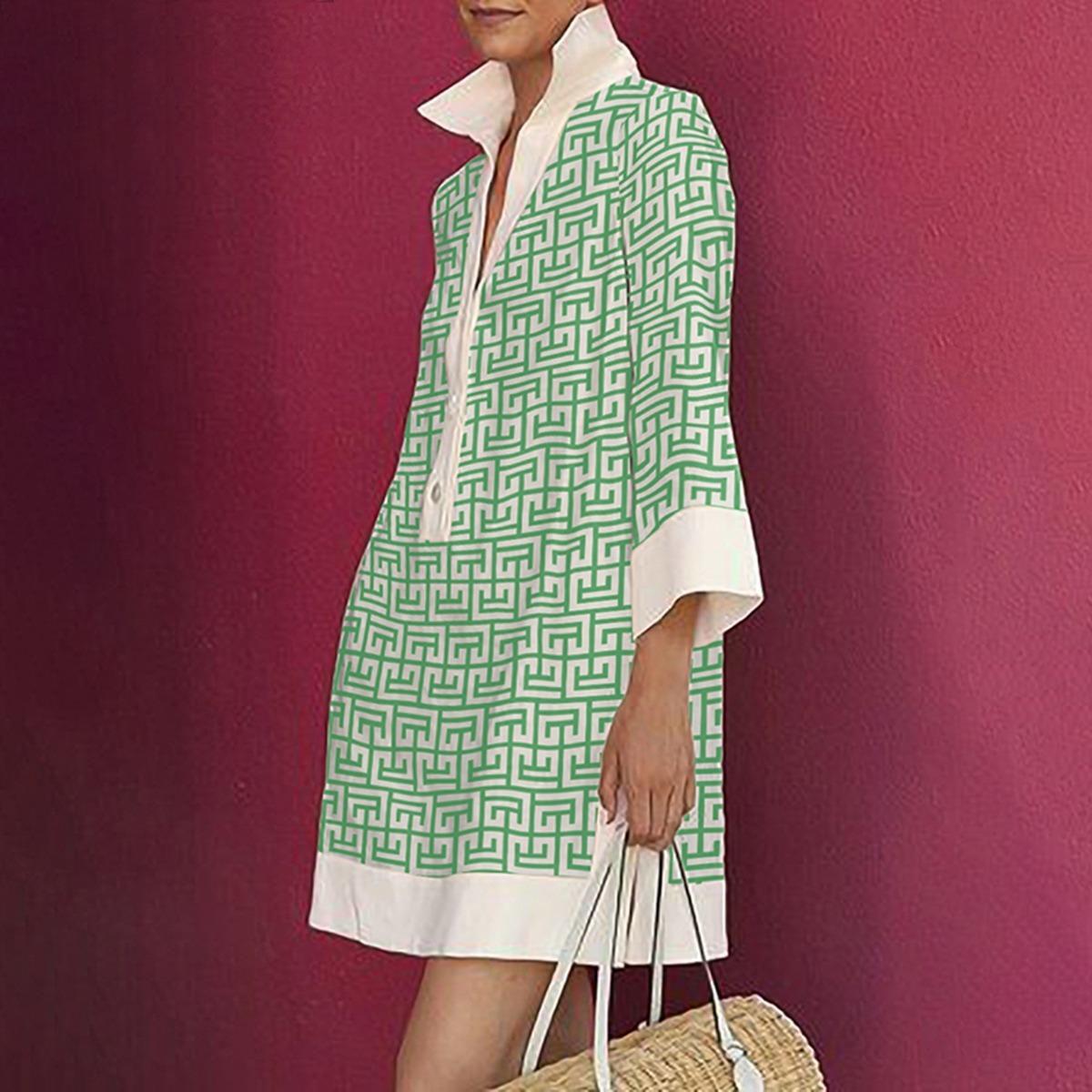 Summer Geometric Print Three-Quarter Sleeve Buttoned Lapel Mini Dress Casual Loose Fit Polyester Cotton Blend