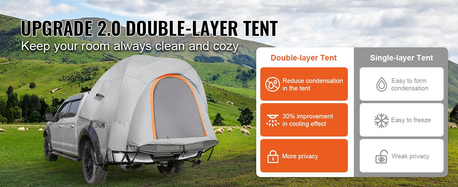 VEVOR Truck Bed Tent, TikTokShopBlackFriday, 6.4'-6.7' Pickup Truck Tent with Rain Layer and Carry Bag, Waterproof PU2000mm Double Layer Truck Tent, Accommodate 2-3 Person, for Camping Traveling Outdoor Activities