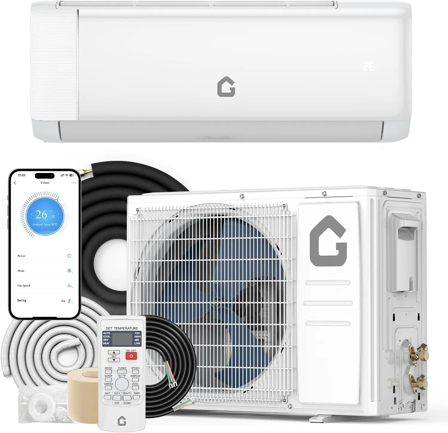 12000 BTU 21 SEER2 230-V WiFi-Enabled Wall Mounted Compact Split Type Air Conditioner and Heater, Energy-Saving Mini Split AC Unit, Rustproof White Aircon with Accessories, Split Type Aircon