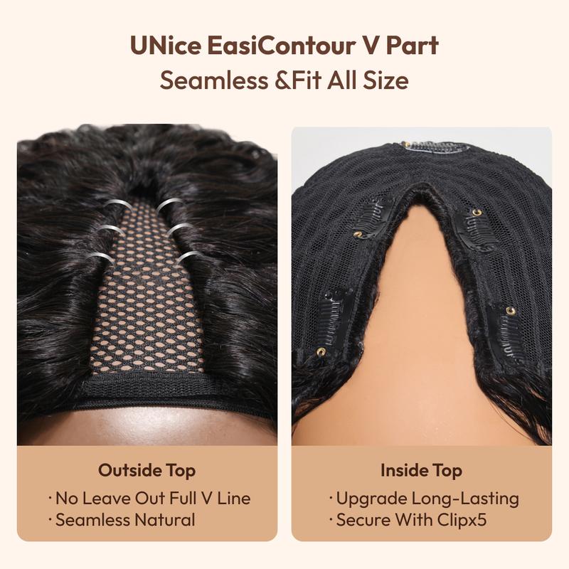UNice EasiContour V Part Jerry Curly Wig Glueless Blend Natural Human Hair Wigs Beginner Friendly Natural Scalp Daily Using for Women