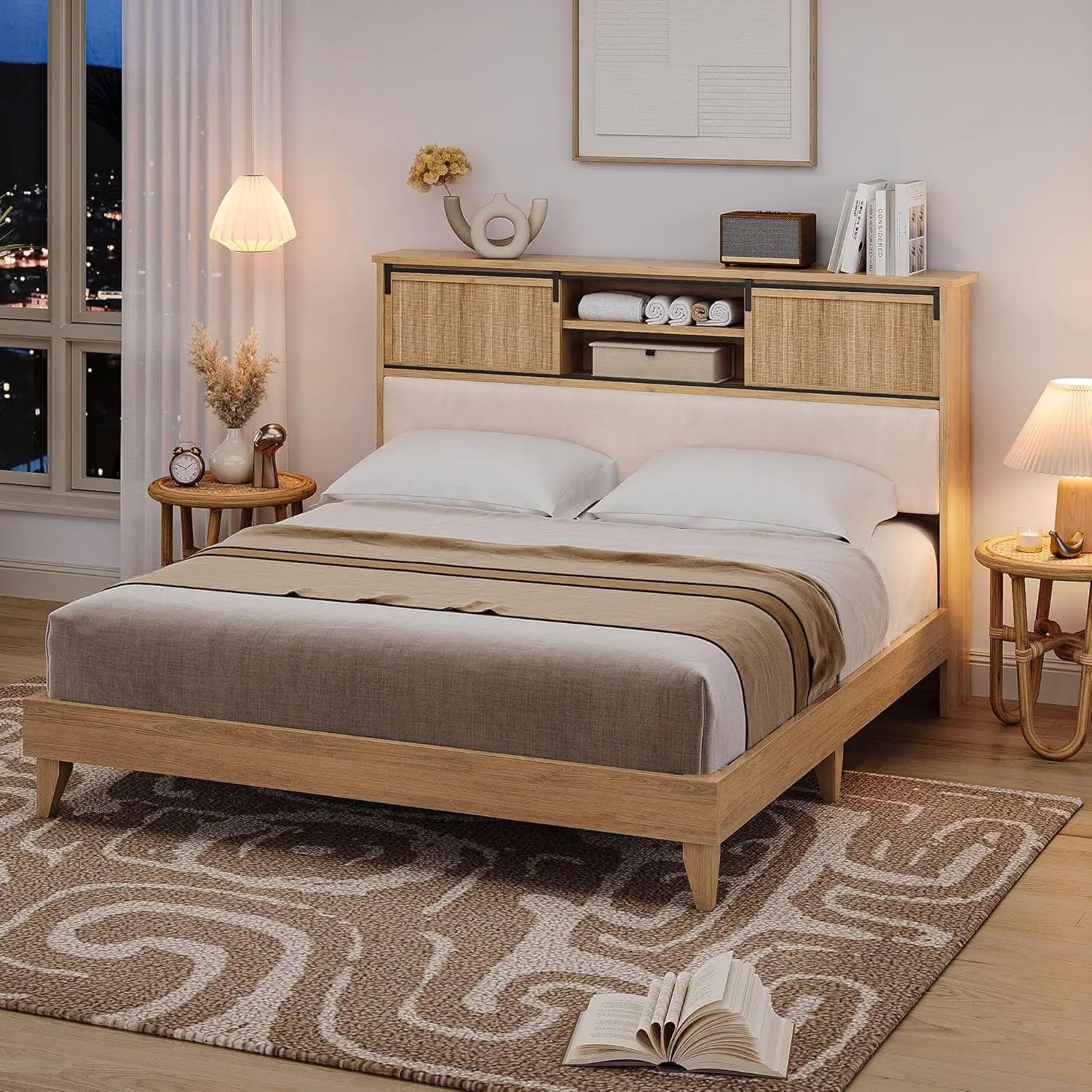 Bohemian King Size Durable Solid Wood Platform Bed Frame with Natural Rattan Headboard, Sliding Doors, Shelves, Foam Strip, Silent Noise-Reducing Pads, 800lbs Support, No Box Spring Needed, Assembly Required, Platform Base, Storage Bed