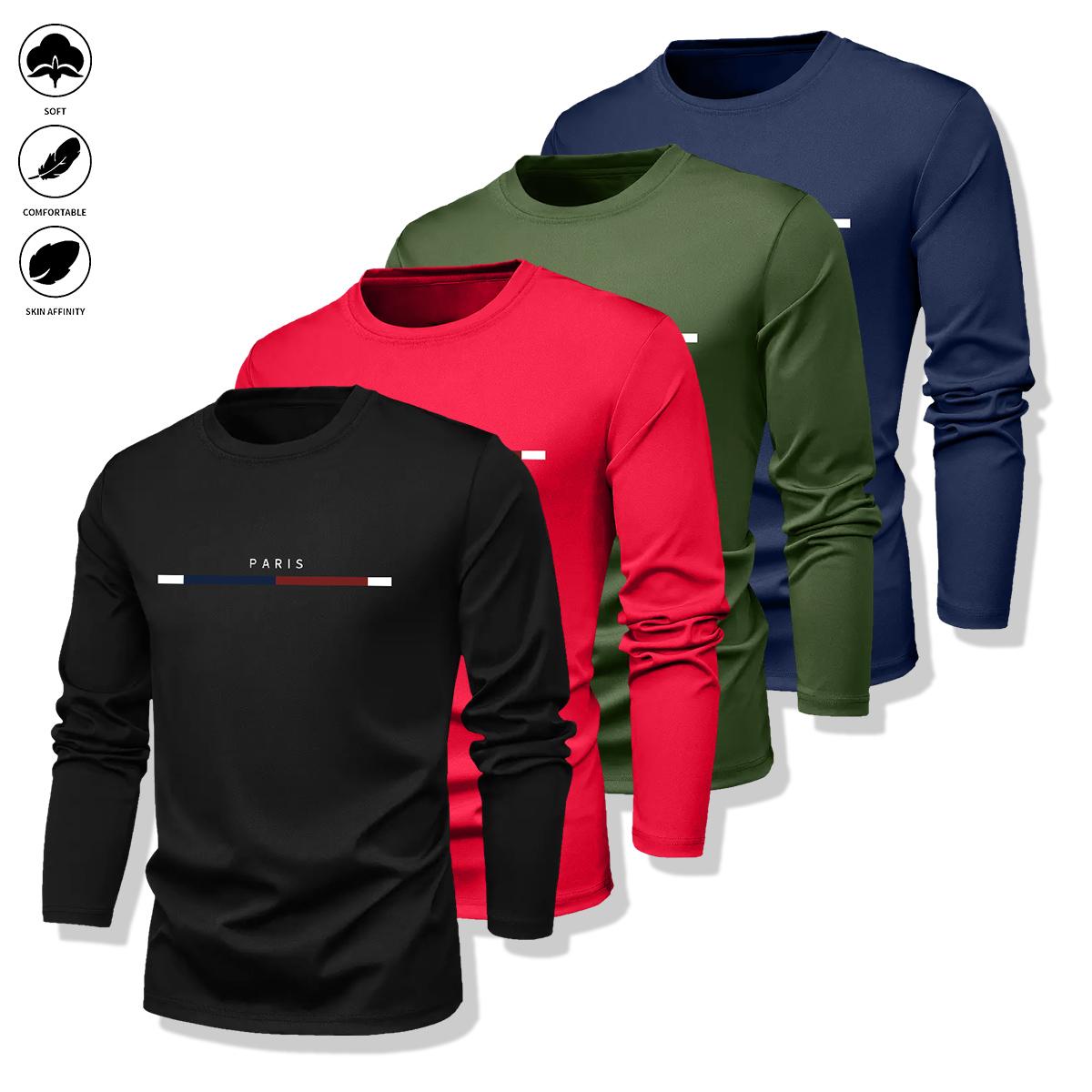 Pack of 4 - Men's Long Sleeve T-Shirt - Casual Crew Neck Breathable Tee, Suitable for Spring and Autumn Wear, Featuring Letter Pattern Design, Well-Fitting Cut, Ideal for Everyday Wear, Men's Long Sleeve Top