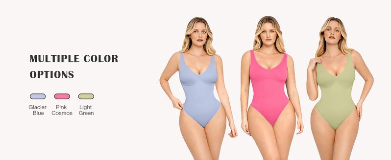 FeelinGirl  Tummy Control Bodysuit for Women Slimming V Neck Bodysuits Snatched Waist Body Suit Shaping Thong Comfort Fabric Fit Seamless Sleeveless