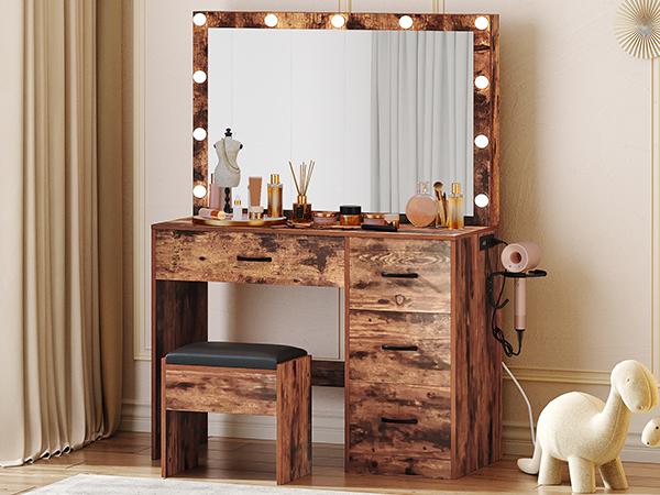 YITAHOME Makeup Vanity with Lighted Mirror, Vanity Desk with Power Strip, Adjustable Lighting, 4 Drawers, and Cushioned Stool for Bedroom, Dressing Room