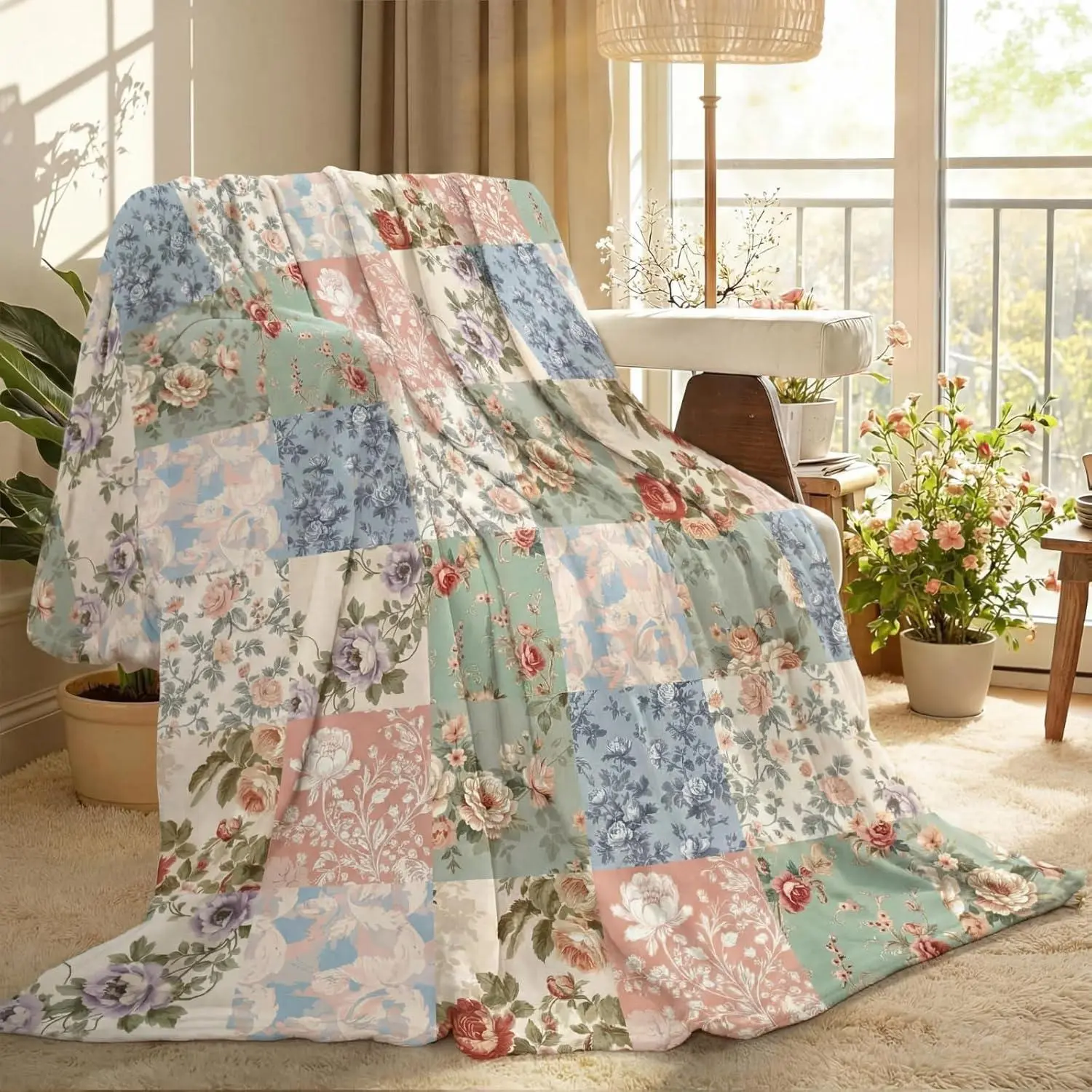 Flannel Blanket |   Boho Pastel Floral Throw Blanket Ultra Soft Flannel Patchwork Blanket For Couch And Bed Holiday Theme Cozy Throw Decoration Warm Gift For Spring Summer |   Gift Blanket / All Season