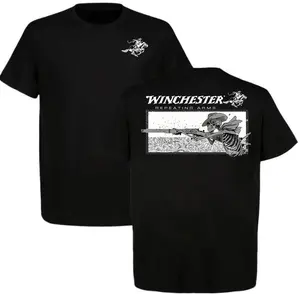 Winchester Repeating Arms T-Shirt – Skeleton Cowboy Graphic Tee, White Cotton Menswear, Vintage Western Hunting Shirt, Perfect Gift for Gun & Cowboy Fans.