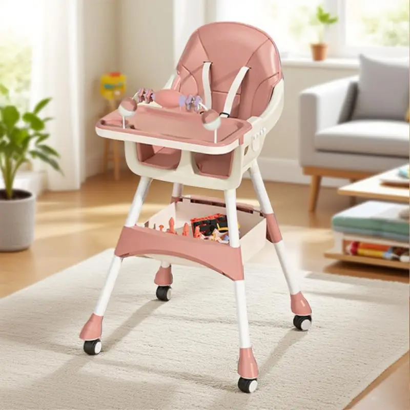 Portable Baby High Chair for Babies & Toddlers, Easy-Clean Multi-Use Feeding Chair with Lockable Wheels & Toy Storage Basket-Pink,back to school