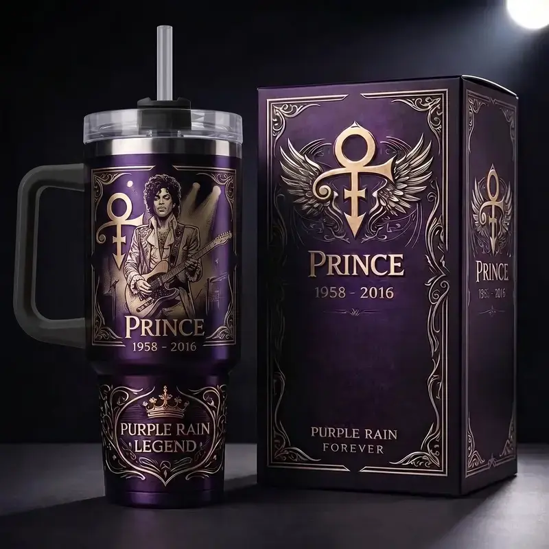 Prince 1958-2016 Tribute Tumbler, Limited Edition Purple Rain Legend Gold Engraved Travel Mug with Handle & Straw, Premium Vacuum Insulated Stainless Steel Cup, Iconic Musician Fan Collectible, Perfect Gift for Him or Her