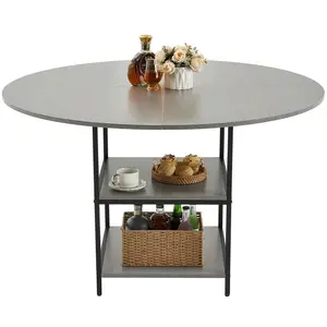 【Summervibes】VEVOR Round Dining Table, 47 inch Wood Table for 4-6 Person, Modern Circle Dinner Furniture, Leisure Tables with Storage Shelf and Metal Legs, for Home Kitchen Living Room, Grey (Only Table)