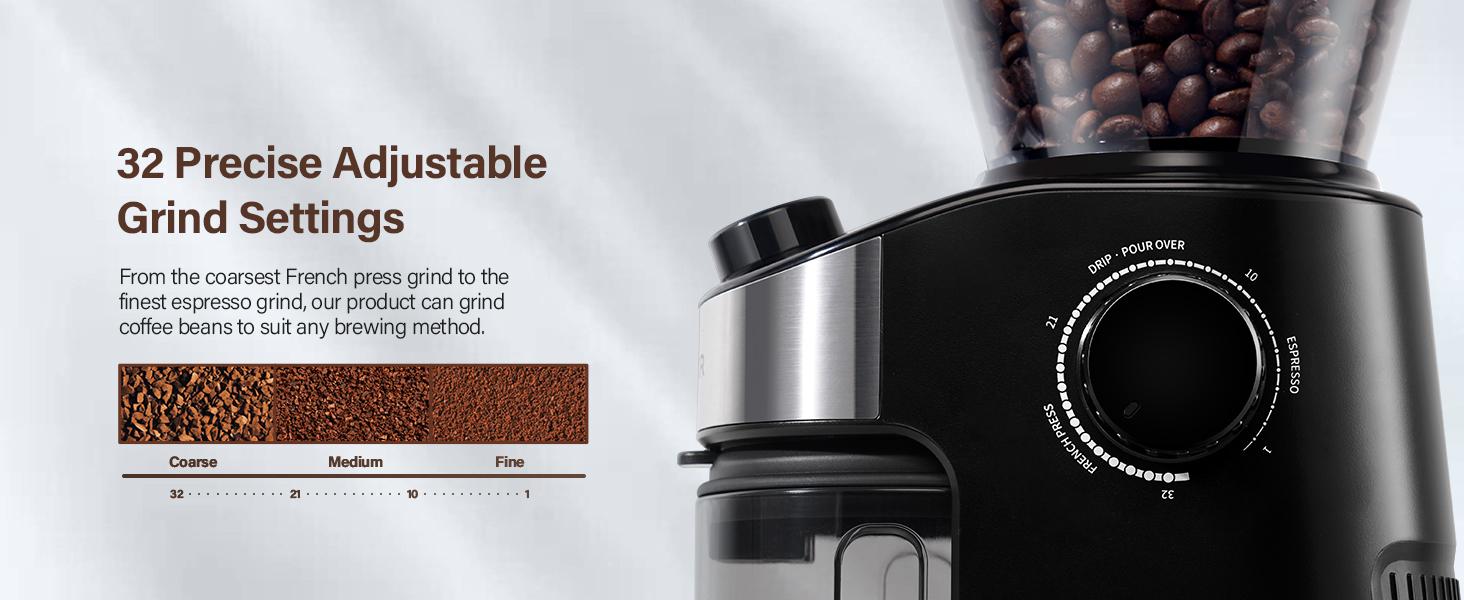 SHARDOR Burr Coffee Grinder 3.0, 32 Grind Settings for Espresso, Pour Over, Drip, and French Press, Adjustable Timer, Easy-Clean Chamber for Home Brewing