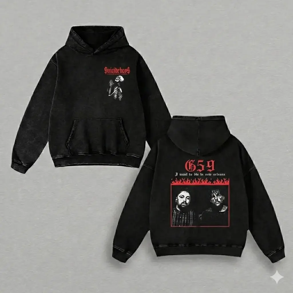 G59 Underground Rap Washed Hoodie – Gothic Flame Graphic, Oversized Unisex Hip Hop Streetwear