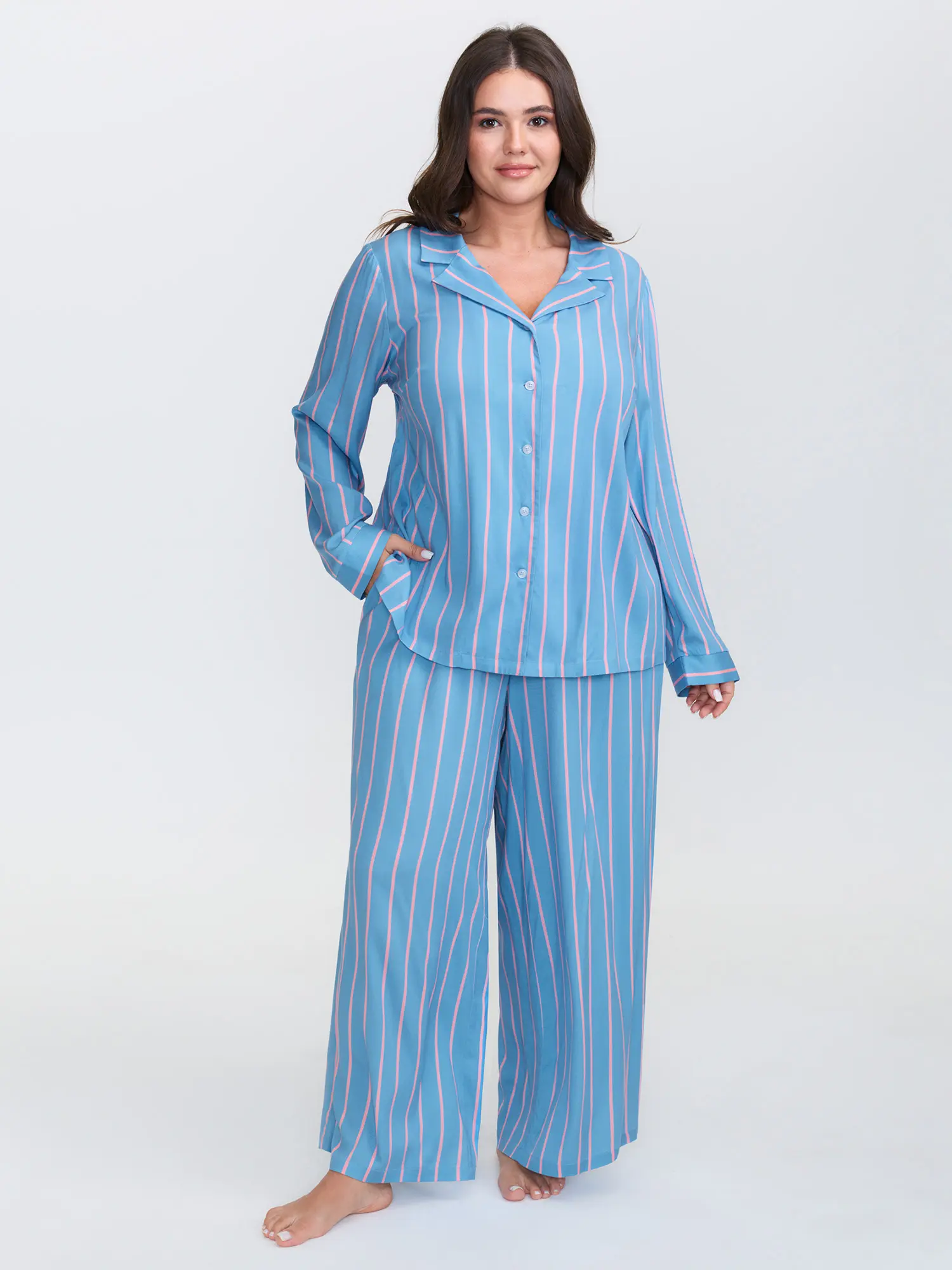 BLOOMCHIC Women's 2-Piece Striped Rayon Long-Sleeve Pajama Set - Loose-Fitting Crop Cut Loungewear Top & Pockets Bottoms, Light Blue Fabric, 2026 Summer Sleepwear, Machine Wash Cold, No Tumble Dry, Low Iron, Smooth Playful Look PJs For Women, Garment, Lon