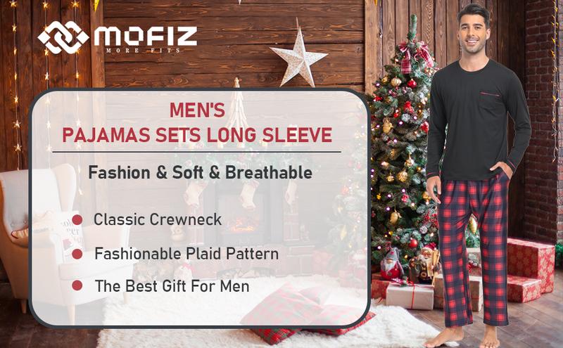 MoFiz Men's Pajamas Plaid Sets Sleepwear Long Sleeve Shirts and Pants Lightweight Soft Mens Pjs Lounge Set with Pockets