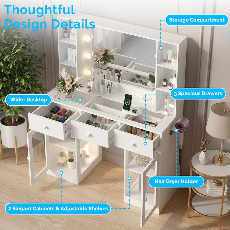 Ktaxon Vanity Table with RGB Lights & 3-Tone Dimmable Bulbs - Glass Top Dresser with 3 Drawers, 2 Glass Doors & 2 Side Shelves | Built-in Power Strip, Hair Dryer Holder