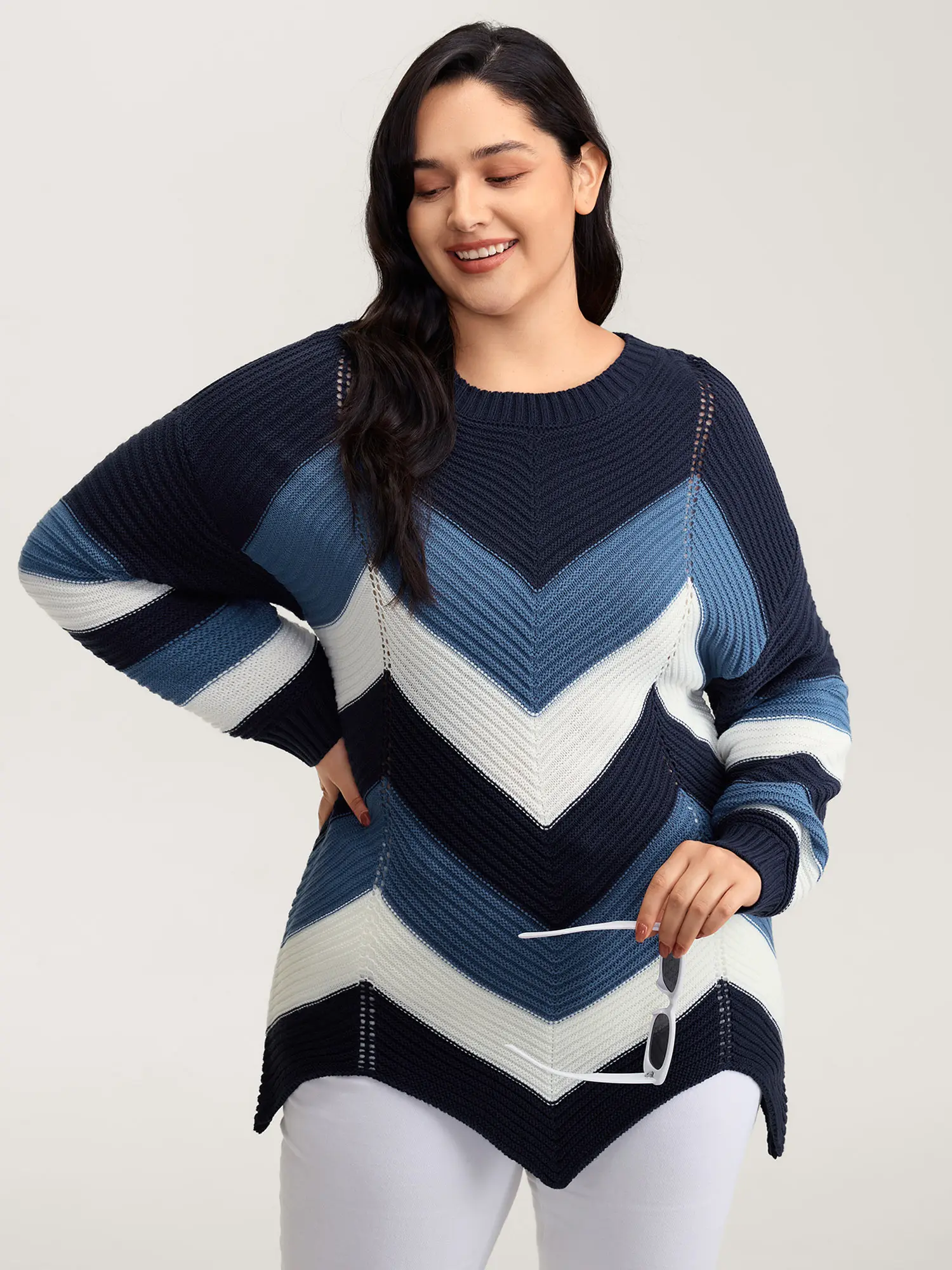 BloomChic Women's Oversized Colorblock Geo Print Acrylic Knit Pullover Sweater with Drop Shoulders and Asymmetric Hem, Knitting, Fashion Casual Top, Hand Wash, Low Iron, Regular Length, Do Not Dry Clean, Fabric, Garment, Knitwear, Fit, Sleeve