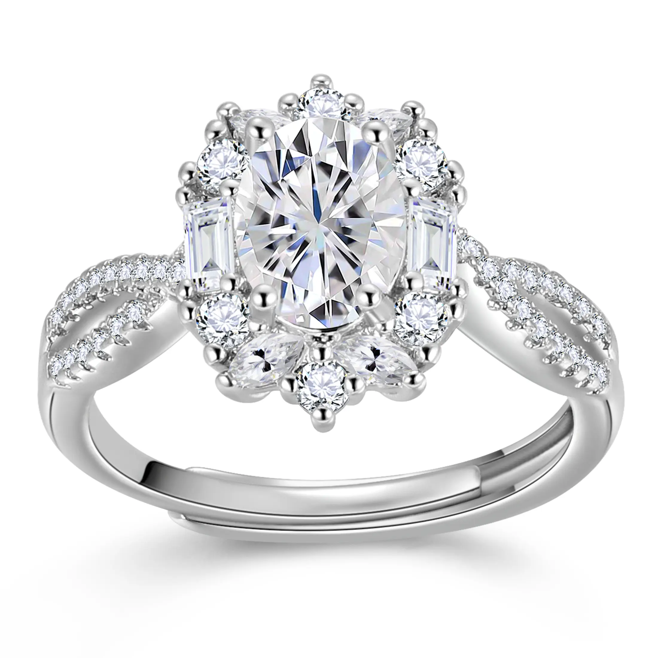 FASJEWLY Women's Oval Engagement Ring, Adjustable Cubic Zirconia Halo with Flower Cluster, Fits Sizes 5-10, Promise or Anniversary Gifts, Beautiful Rings, Women's Fashion, Cluster Rings
