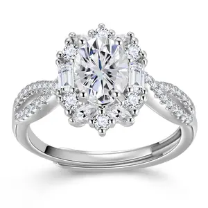 Fasjewly Adjustable Open Oval Halo Engagement Ring for Women, 5A Cubic Zirconia Flower Cluster, Fits US Sizes 5-10, Promise Anniversary Gift