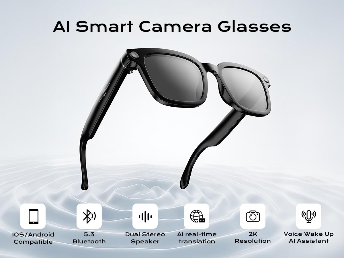 Smart Bluetooth Glasses with Camera, 1080p Video Recording Wearable Glasses, Multifunctional Wireless Audio Glasses with Headphone, Outdoor Sports Camera Sunglasses with Intelligent Voice Assistant, Anti-blue Light Protection Eyeglass