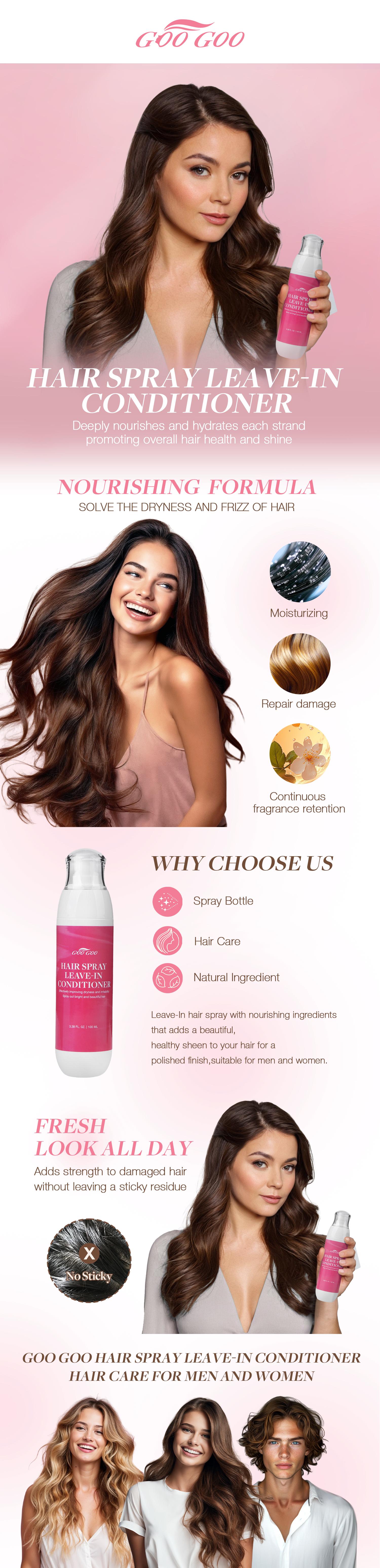 GOO GOO Hair Spray Leave-in Conditioner, Detangles & Fights Frizz, Hair Care for Dry Damaged Hair for Both Men and Women#Greenish#TikTokShopSpringGlowUp