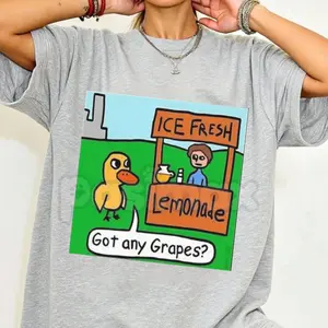 [Sale up to 40%] Humorous Duck "Got Any Grapes?" T-Shirt - Funny Viral Internet Meme Graphic Tee, Premium 100% Cotton Lemonade Stand Top, Cute Sarcastic Duck & Grapes Shirt, Nostalgic Web Animation Gift, Soft Lived-In Unisex Casual Apparel