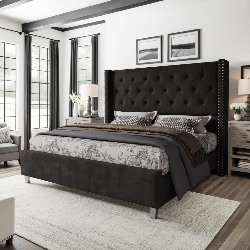 AMERLIFE Bed Frame with 49.2" Wingback Headboard, Upholstered Velvet Bed with Tufted Diamond Button/No Box Spring Needed/Easy Assembly/Christmas Gift[tiktokshopbacktoschool][SohoChic]