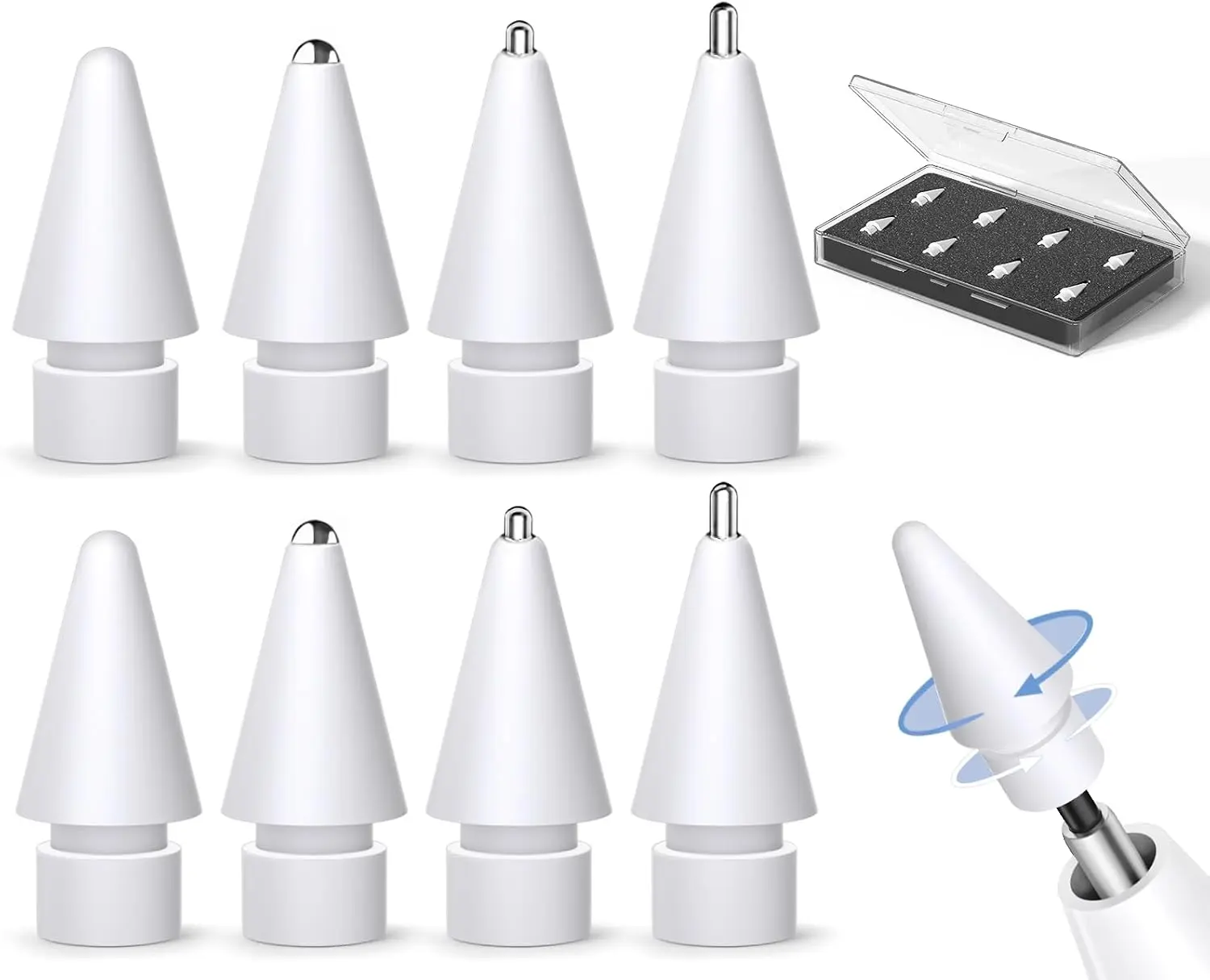 Inesore Replacement Tips for Apple Pencil Pro/1st/2nd/USB-C (8 Pack) | Multiple Mixed Tip Styles, Anti-scratch Round Tips, Metal Tips, for Apple Pencil All Generations, Comes with Storage Case