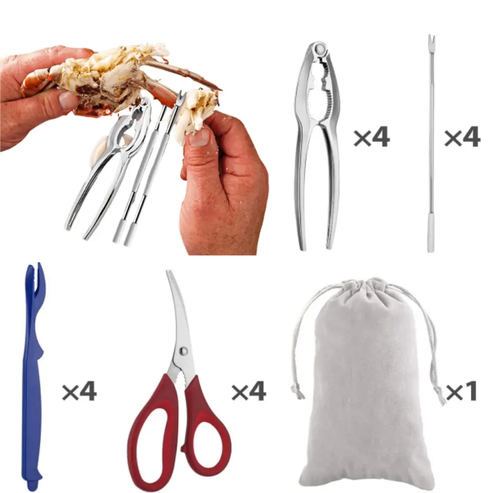 17Pcs Seafood Tools Set includes 4 Crab Crackers 4 Seafood Fork 4 Lobster Crackers 4 Seafood Scissors -Nut Cracker and Storage Bag