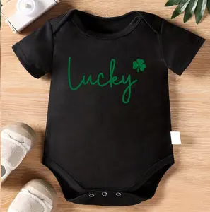 1pc Baby Crawling Suit - White Onesie with "Lucky" Shamrock Print - Soft Cotton Outfit for Newborns & Toddlers 0-3 Years - Perfect St Patrick's Day Gift - Machine Washable Infant Wear