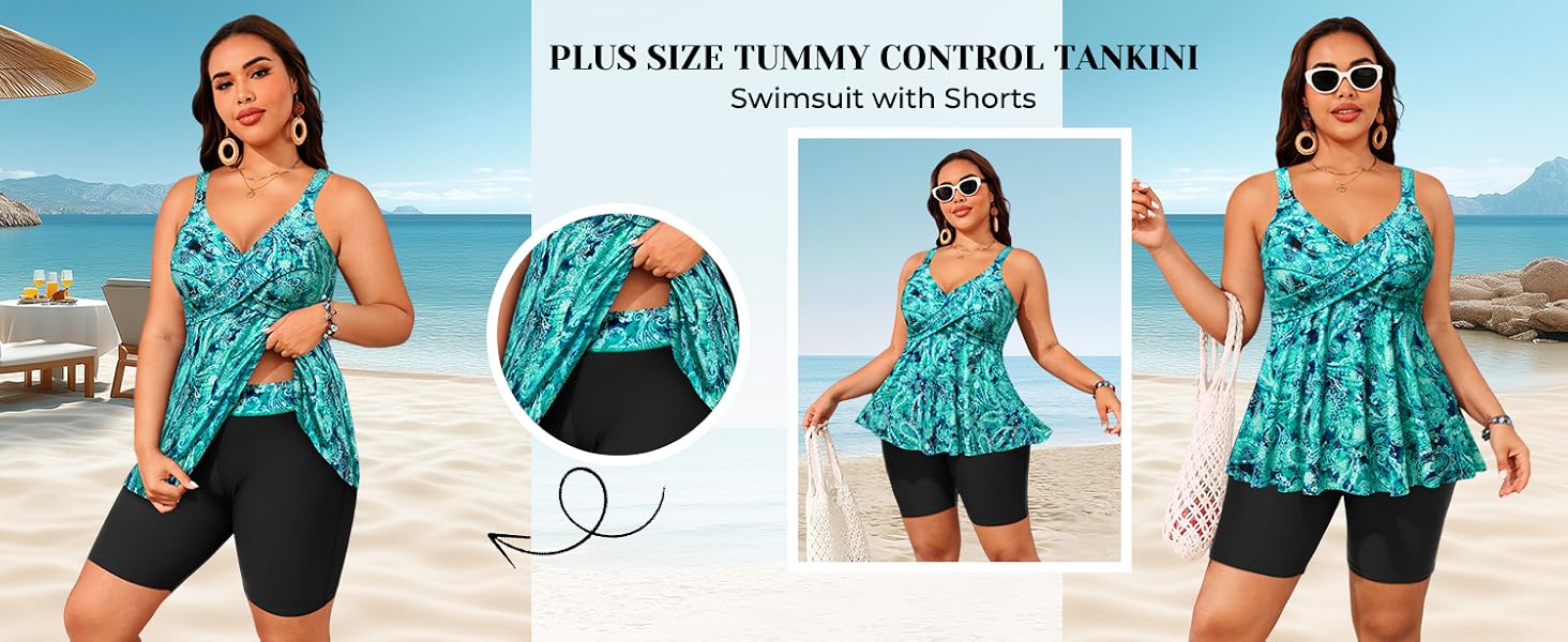 Aqua Eve Plus Size Tankini with Shorts - Two Piece Swimsuit Tummy Control Bathing Suit Flowy Swimwear 2026