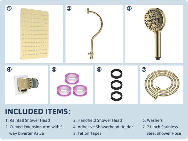 Hibbent All Metal High Pressure Rainfall Shower Combo/Handheld Showerhead Combo with 12'' Adjustable Curved Shower Extension Arm, 10-Spray, 71'' Hose, Showerhead Holder, Brushed Gold